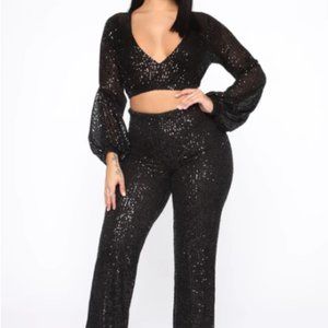 Glamour Game Sequin Pant Set - Black Size: S
